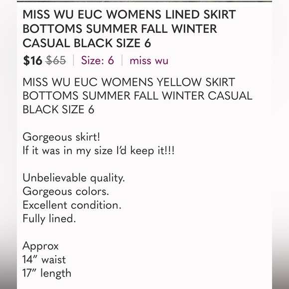 MISS WU EUC WOMENS LINED SKIRT BOTTOMS SUMMER FALL WINTER CASUAL BLACK SIZE 6 - Picture 4 of 4